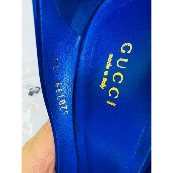 Gucci Vernice Crystal Peep Toe Pumps Ink Blue Patent Leather Heels Size 38.5 - Picture 4 of 10